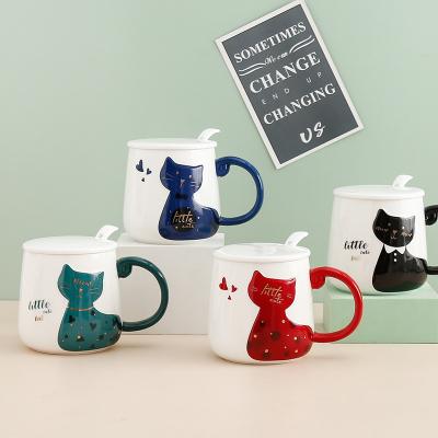 China New Arrival Office Cartoon Cat Viable Mug, Household Cute Ceramic Mug With Lid Spoon, Couples Coffee Mug for sale