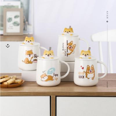 China Sustainable Design Cute Household Shiba Inu 3D Cartoon Ceramic Mug, Corgi Couple Cup Office Shiba Inu Coffee Mug With Lid Spoon for sale