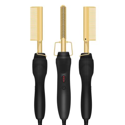 China OEM Logo Copper Gold Hot Comb Power Cord Electric Heating Hair Straightener Brush Outdoor Custom Rotating Comb for sale