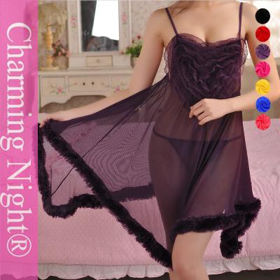 China Fur Edge Ruffle Neck Transparent Sexy Girls Mature Women sexy long night dress Lingerie for sale