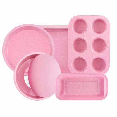 China OEM ODM Pink Nonstick Carbon Steel Bread Pan 5Pcs Cake Baking Pan Set for sale