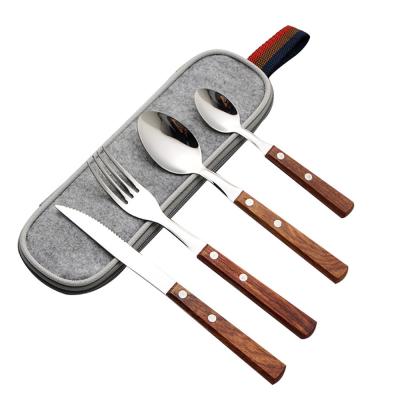 China Dorm Room Forks Knives Spoons Set Wooden Handle Japanese Style Cutlery for sale