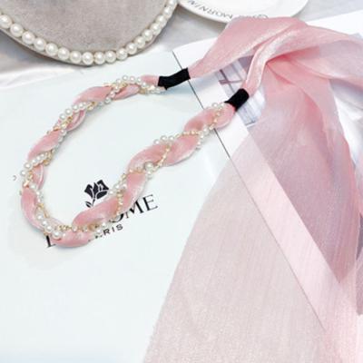 China New Fashion Comfortable Long Soft Ribbon Headband Ins Fashion Women Hair Accessories Pearl Wrapped Hair Bands for sale