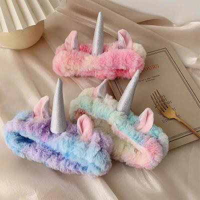 China Cozy Super Soft Fur Headband Cute Kids Girls Party Make Up Unicorn Furry Tie Die Headband for sale