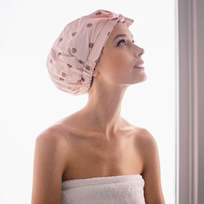 China Bow-knot comfortable elastic soft satin silk printed bonnets with tie edge anti-water shower cap bonnet for sale