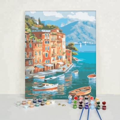 China Acrylic Painting 12x16inch Modern Wall Art Boat Painting By Numbers Mediterranean Seaside for sale