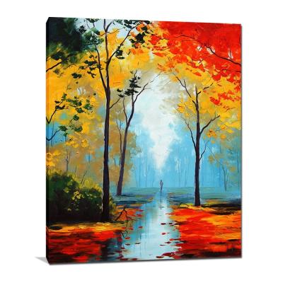 China Impressionist Popular Handmade Landscape Oil Painting of Autumn Golden Yellow Trees Leaves for sale