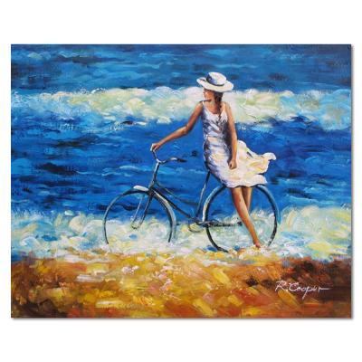 China Handmade Oil Painting of Beautiful Long Skirt Girl Riding Impressionist Bike Beach for Living Room for sale