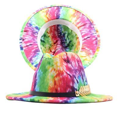 China New Tie Dyed Color Jazz Fedora Men And Women Dyed Brim Cap Chain Top Hat for sale