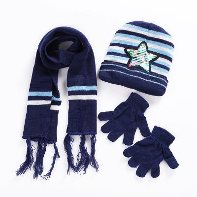 China Stripe 100% Acrylic Jacquard Striped And Crimped Kids Scarf Hat Mitten Sets Knitted Children Covers Boy And Girl Three Piece Hat Sets Wholesale for sale