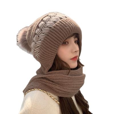 China Female Warm Wool Hat Fall Hats COMMON Scarf Integrated Winter Woolen Hat for sale