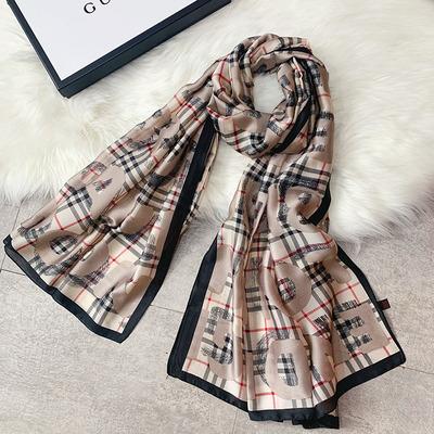 China Medium Length Spring and Summer Women's Long Scarf Letter Plaid Printed Fashion Soft Silk Scarf for sale