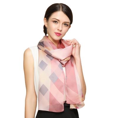 China Large fashion Georgette satin plaid silk scarf 9mm long European and American British silk soft smooth feeling scarf for sale