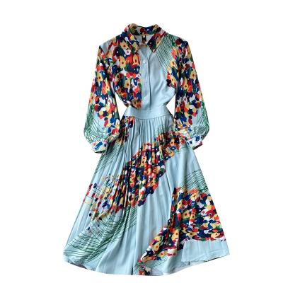 China Vintage Long Sleeve Style Breathable Neck Floral Print Lapel Button Up A Line Maxi Dresses For Autumn for sale