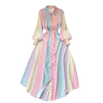 China Bishop Sleeve Button Down Long Cuff Smocked Design Striped Maxi Shirt Dress Causal Breathable Candy Color for sale