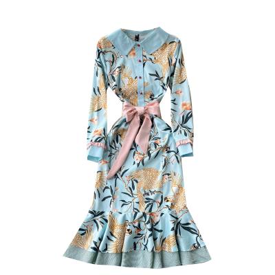 China Elegant Blue Breathable Color Lapel Neck Pearl Button Up Long Sleeve Midi Mermaid Dress Autumn Floral Tie Belted Self for sale