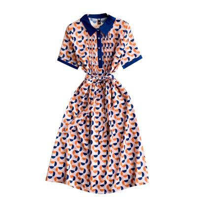 China Summer Navy Breathable Orange Geometric Lapel Neck Beaded Button Up Short Sleeve Person Belted A Line Chiffon Midi Dress for sale