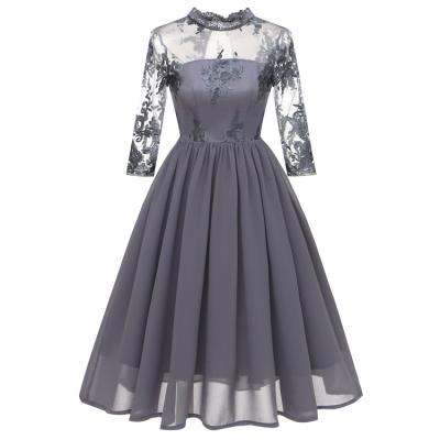 China Formal Evening Dress Three-Quarter Neck Knee Length Sleeve Sheer Chiffon Sheer Elegant Anti-Static Lace Chiffon Evening Dress for sale