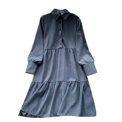 China Solid Color Knee Length Lapel Neck Anti-Static Causal Button Up Long Sleeve Loose A Line Midi Shirt Dress for sale