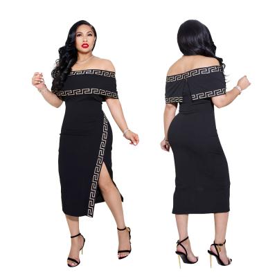 China Anti-Static Elegant Short Sleeve Off The Shoulder Dress Knee High Split Black Midi Dress For Party for sale