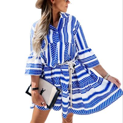 China Breathable Stand Neck Self Belted Half Sleeve Short Tunic Dresses Boho Casual Mini Dress Summer for sale