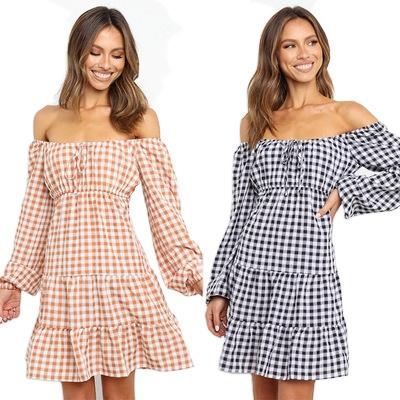 China Empire Waist Ruffle Edge Breathable Causal High Gingham Pattern Could Shoulder Long Sleeve Off Shoulder Summer Mini Dress for sale