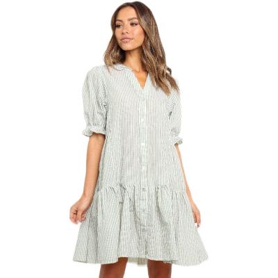 China Short Tunic Mini Dresses Striped Shirts Breathable Casual Ruffle Edge Neck Support Summer Puff Sleeve Dress For Ladies for sale