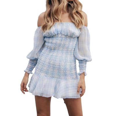 China Cute Anti-Static Plaid Cute Chic Blue Puff Sleeve Smocked Bodycon Chiffon Long Mini Dress Off Shoulder Mini Dress for sale