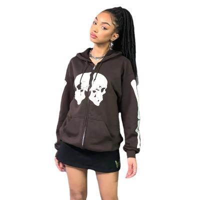 China Brown Terry Pocket Drawstring Skull Hoodie Loose Sweatshirt Anti-wrinkle Sweatshirt Women Zip Front for sale