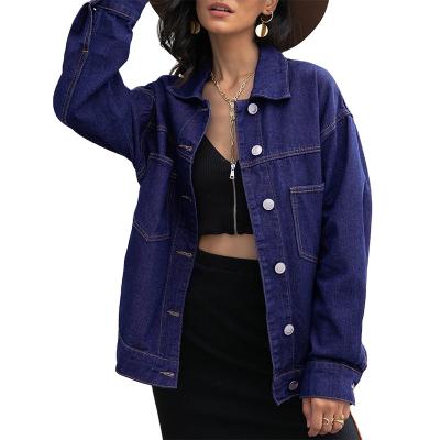 China Breathable Lapel Neck Button Up Drop Shoulder Front Pockets Blue Jean Ladies Denim Jacket Women for sale