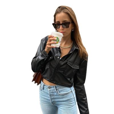 China Trucker Streetwear Autumn Winter Women Crop Jacket Button Up Pu Crop Leather Jacket With Front Pockets for sale