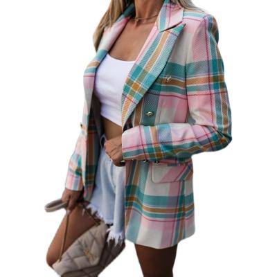 China Breathable Ladies Lace Long Plaid Blazer Notched Collar Women Double Breasted Blazer With Fake Pocket for sale