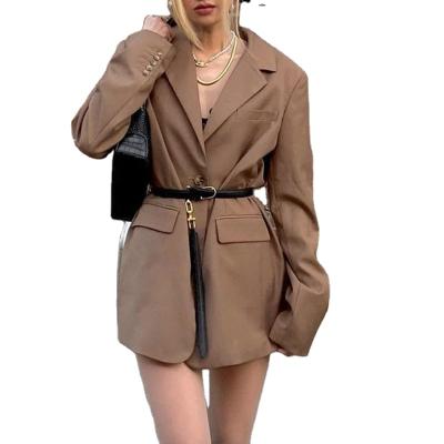 China Breathable Chic Notched Neck Breasted Brown Single Breasted Blazer Dress Women Sheath Long Blazer For Ladies for sale