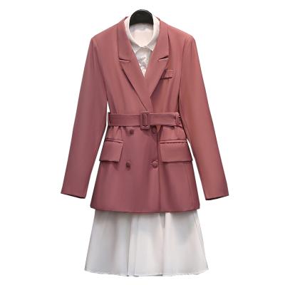 China Breathable Chic Pink Color Crossover Blazer Dress Set Self Belted 2 Pieces Blazer Dress Set Ladies Women for sale