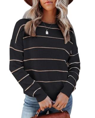 China Anti-wrinkle High Street Round Neck Long Sleeve Fine Knit Jumper Women Pullover Sweaters Striped Sweater for sale