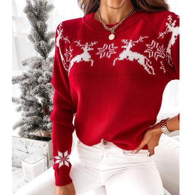 China Comfortable Anti-wrinkle Snowflake Elk Pattern Knitted Crewneck Sweater Women Ugly Christmas Sweater for sale