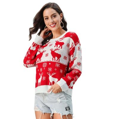 China Anti-wrinkle Women Knitted Tops Round Neck Sweater Elks Pattern Red Pullover Sweaters For Christmas for sale