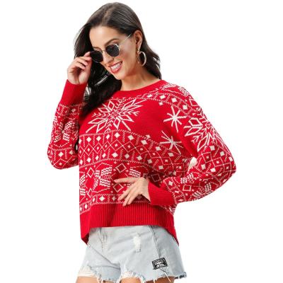 China Red Snowflake Knitted Casual Off Shoulder Sweater Womens Casual Anti-wrinkle Drop Anti-wrinkle Christmas Sweater 2021 for sale