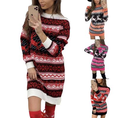 China Ugly Christmas Elk Snowflake Christmas Sweater Dress Women Mini Short Knit Sweater Dress Round Neck Anti-Static Sheath for sale