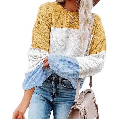 China Anti-Wrinkle Streetwear Drop Shoulder Puff Sleeve Sweater Color Blocking Pullover Sweater Dress For Women for sale