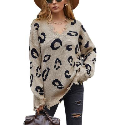 China Anti-Wrinkle Winter V-Neck Women Leopard Sweater Drop Shoulder Long Sleeve Loose Knit Jumper Distressed Sweater for sale