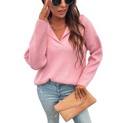 China Anti-Wrinkle Solid Color Lapel V-Neck Sweater Casual Sweater Women Cable Drop Shoulder Knitted Sweater for sale