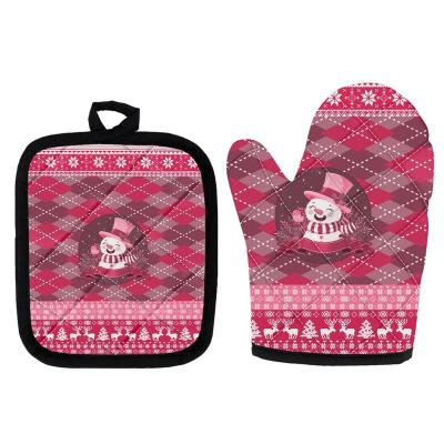 China Modern Custom Cartoon Microwave Oven Insulated Mitts Two Piece Snowman Kitchen Potholder Pink BBQ Insulated Gloves for sale