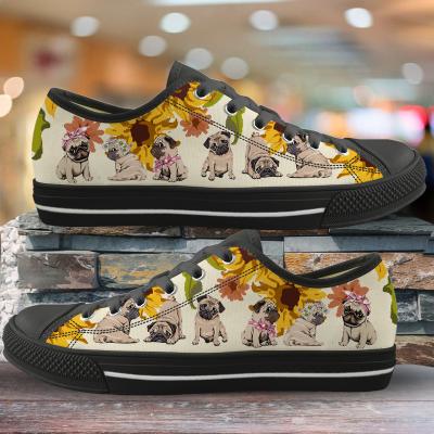 China Custom Cute Funny Yellow Animal Puppy Flower 3D Printing Fashion Trend Lovely Pug Dog Printed Women Low Top Canvas Shoes Casual Lace Up Shoes for sale