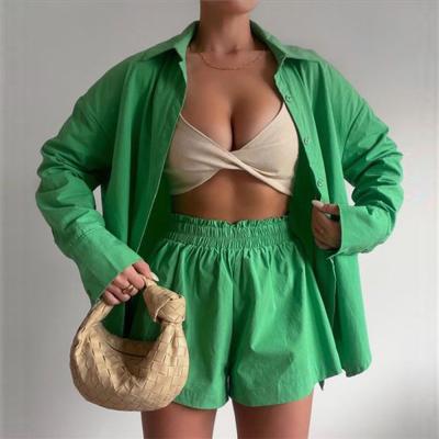 China Office Breathable Za Size Summer Green Shirt Suit Top Set Cotton Casual Women Short Two Piece Sets for sale