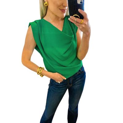 China Breathable Causal Green Loose Sleeveless T-shirt Women Fashion Office Lady V-neck Soft Tank Top for sale