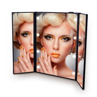 China Three Lighted Folding Portable Mirror With 8 Lamp Beads HD LED Vanity Lights Makeup Mirror for sale