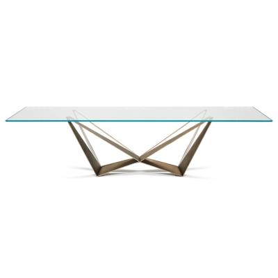 China Marble metal gold top tempered glass dining room furniture modern clear square metal large dining tables for sale