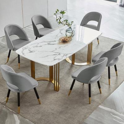 China (Other) Gold Stainless Steel Adjustable Luxury Modern Marble Top Dining Table and 6 Set Chairs for Dining Room Furniture for sale