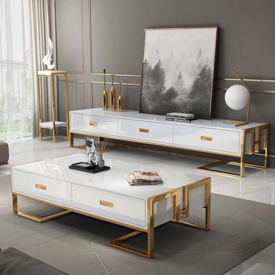 China (Other) Adjustable Luxury TV Stand Cabinet Living Room Furniture Coffee Table Set With Gold Stainless Steel Frame for sale